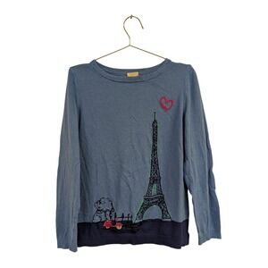 Talbots Eifel Tower Sweater Paris Novelty Print 100% Cotton Blue Medium